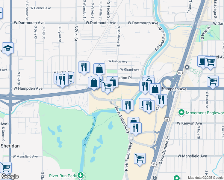 map of restaurants, bars, coffee shops, grocery stores, and more near 3535 S Platte River Dr in Englewood
