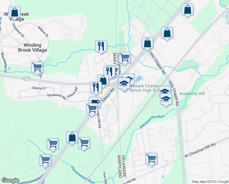 map of restaurants, bars, coffee shops, grocery stores, and more near 4301 Stone Gate Boulevard in Elkton