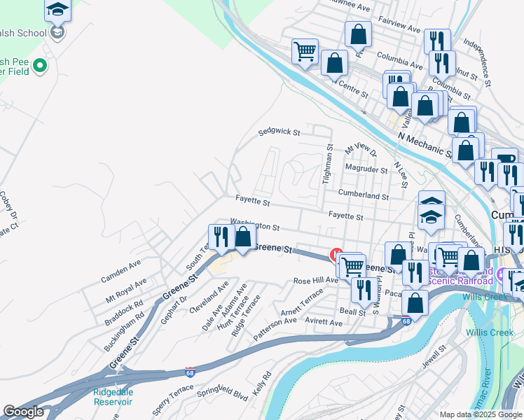 map of restaurants, bars, coffee shops, grocery stores, and more near 635 Washington Street in Cumberland