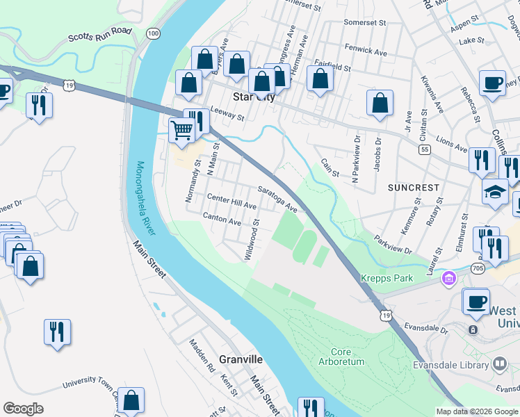 map of restaurants, bars, coffee shops, grocery stores, and more near 236 Wildwood Street in Morgantown