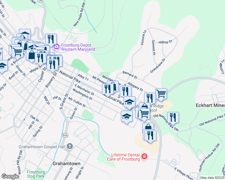 map of restaurants, bars, coffee shops, grocery stores, and more near 129 Mount Pleasant Street in Frostburg