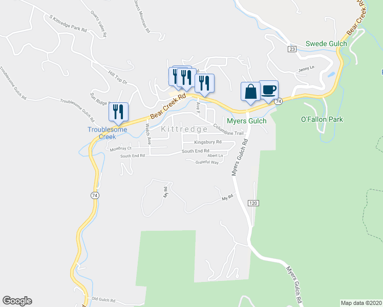 map of restaurants, bars, coffee shops, grocery stores, and more near 26228 South End Road in Kittredge