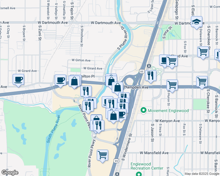 map of restaurants, bars, coffee shops, grocery stores, and more near 3 South Natches Court in Sheridan