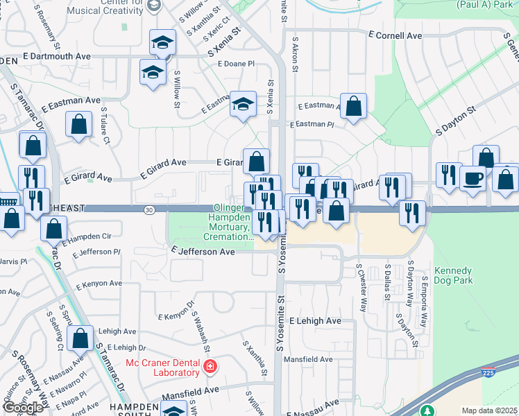 map of restaurants, bars, coffee shops, grocery stores, and more near 8800 East Hampden Avenue in Denver