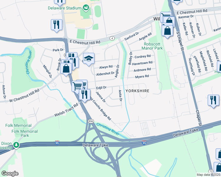map of restaurants, bars, coffee shops, grocery stores, and more near 113 Edjil Drive in Newark