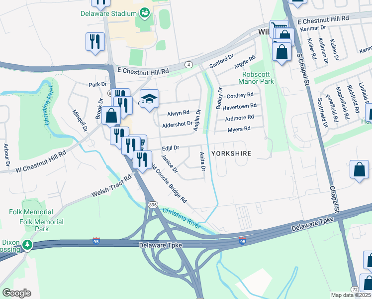 map of restaurants, bars, coffee shops, grocery stores, and more near 113 Edjil Drive in Newark