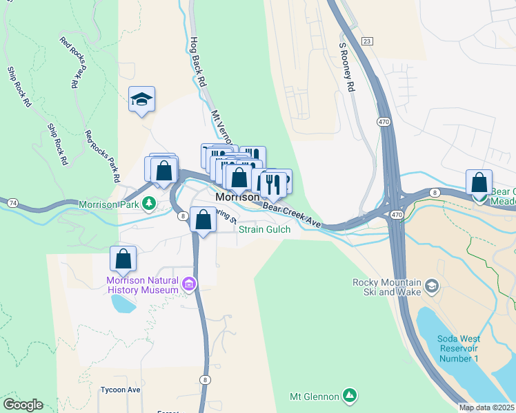 map of restaurants, bars, coffee shops, grocery stores, and more near 120 Bear Creek Avenue in Morrison