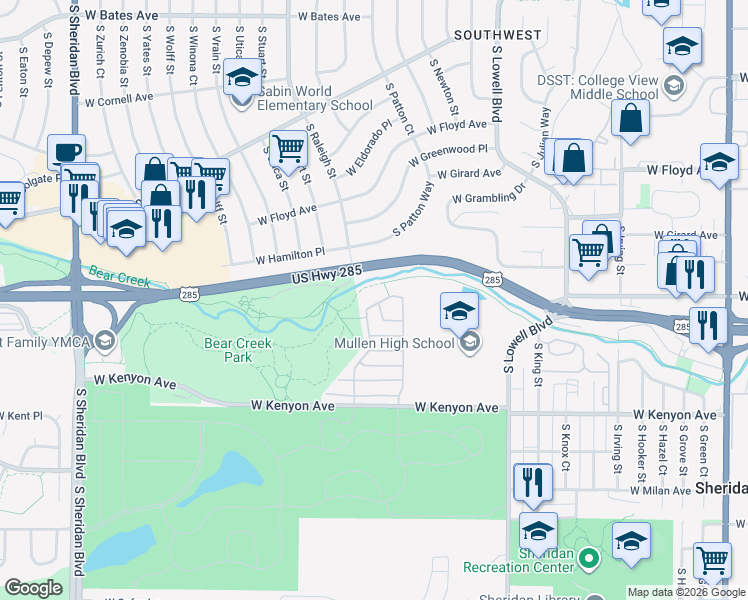 map of restaurants, bars, coffee shops, grocery stores, and more near 4275 West Kenyon Avenue in Denver