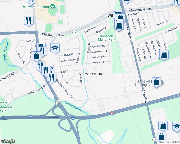 map of restaurants, bars, coffee shops, grocery stores, and more near 447 Douglas D Alley Drive in Newark
