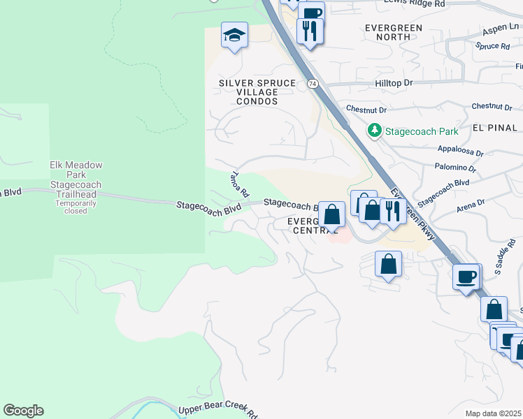 map of restaurants, bars, coffee shops, grocery stores, and more near 3377 Velvet Ash in Evergreen