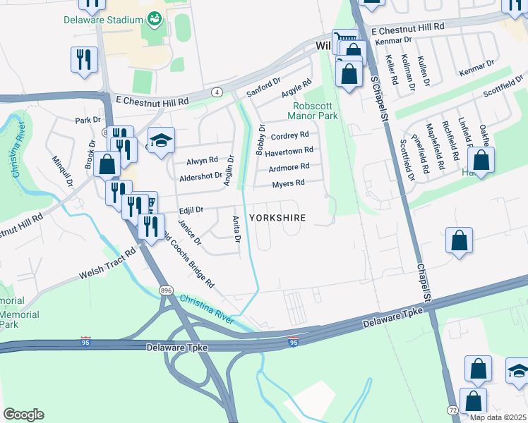 map of restaurants, bars, coffee shops, grocery stores, and more near 447 Douglas D Alley Drive in Newark