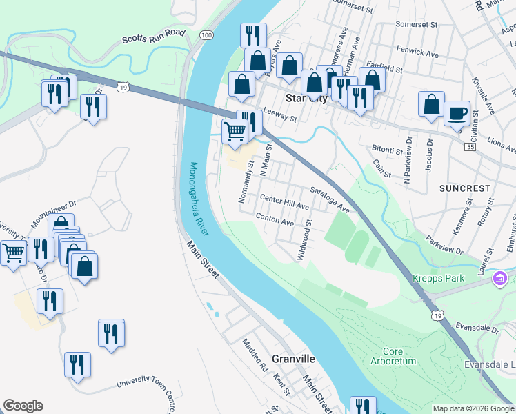 map of restaurants, bars, coffee shops, grocery stores, and more near 200-224 Sherwood Street in Star City