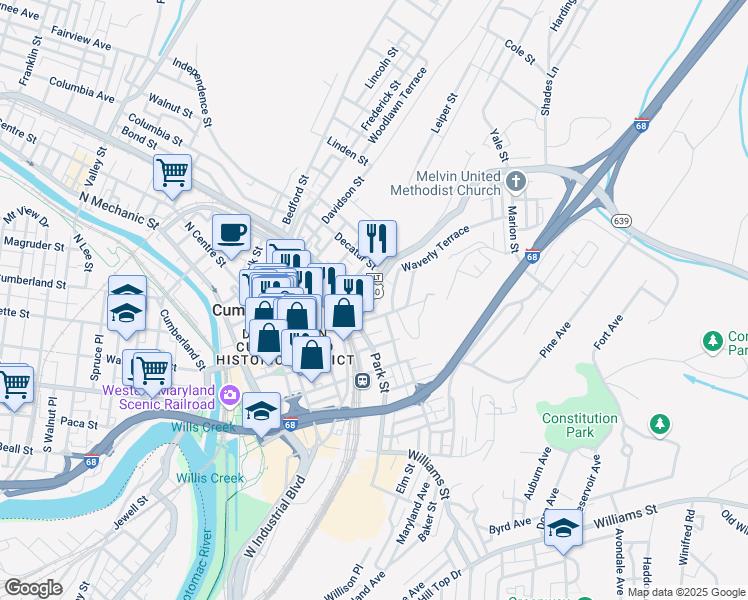 map of restaurants, bars, coffee shops, grocery stores, and more near 205 Baltimore Street in Cumberland