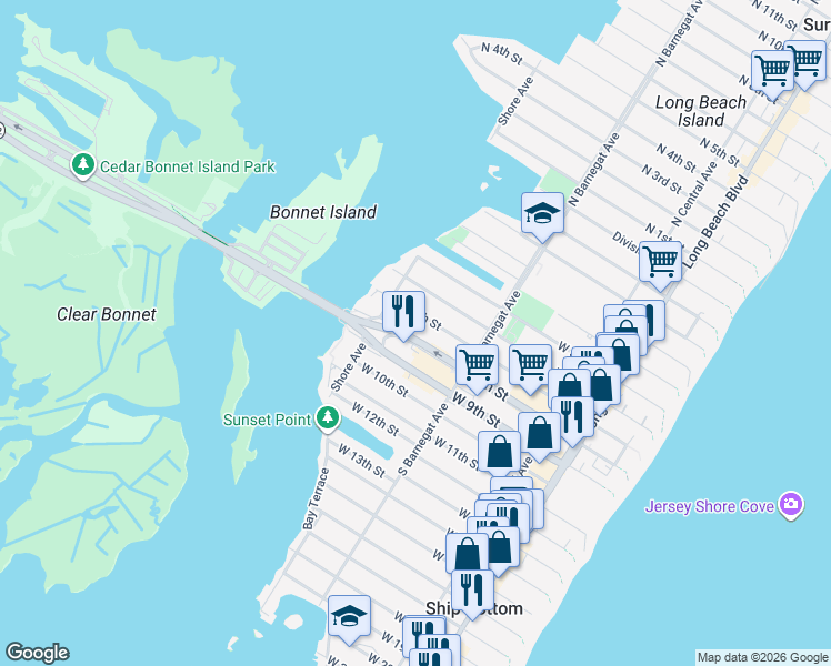 map of restaurants, bars, coffee shops, grocery stores, and more near 369 West 8th Street in Ship Bottom