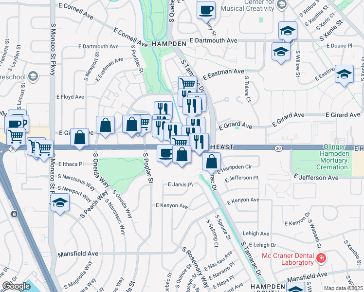 map of restaurants, bars, coffee shops, grocery stores, and more near 7500 East Hampden Avenue in Denver