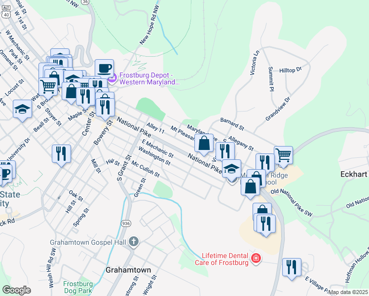 map of restaurants, bars, coffee shops, grocery stores, and more near 277 East Main Street in Frostburg