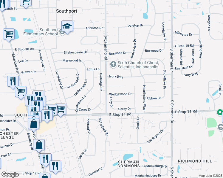 map of restaurants, bars, coffee shops, grocery stores, and more near 3217 Wedgewood Drive in Indianapolis