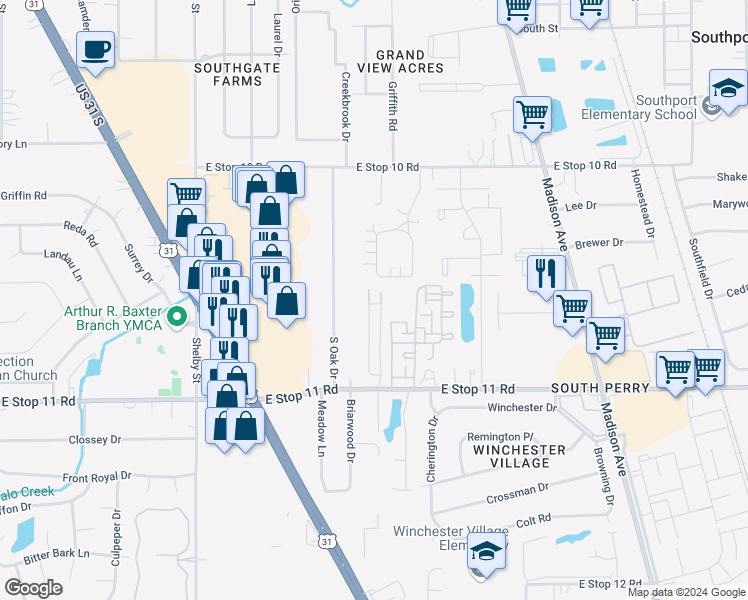 map of restaurants, bars, coffee shops, grocery stores, and more near 7820 Red Clover Drive in Indianapolis