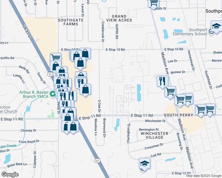 map of restaurants, bars, coffee shops, grocery stores, and more near 7820 Red Clover Drive in Indianapolis