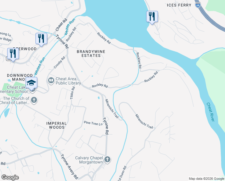 map of restaurants, bars, coffee shops, grocery stores, and more near Miramichi Trail in Morgantown
