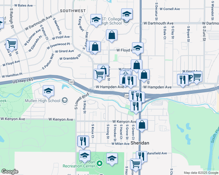 map of restaurants, bars, coffee shops, grocery stores, and more near 3535 South Irving Street in Englewood