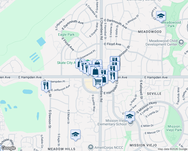 map of restaurants, bars, coffee shops, grocery stores, and more near 15195 East Hampden Avenue in Aurora