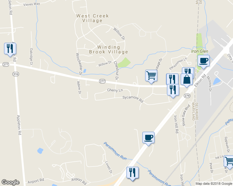 map of restaurants, bars, coffee shops, grocery stores, and more near 15 Cherry Lane in Elkton