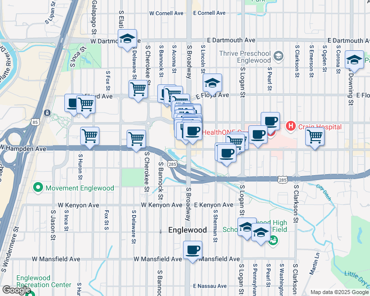 map of restaurants, bars, coffee shops, grocery stores, and more near 3449 South Broadway in Englewood