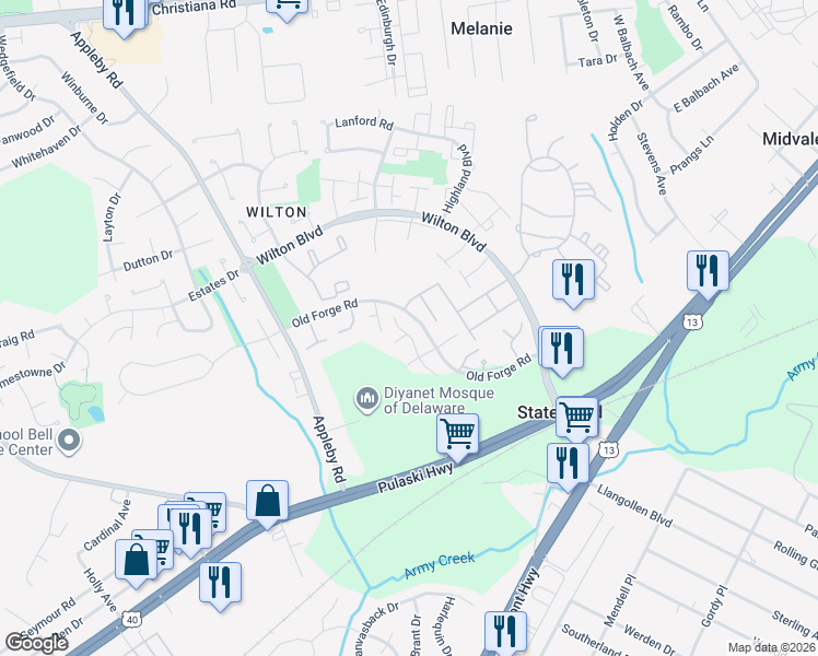 map of restaurants, bars, coffee shops, grocery stores, and more near 1 Vane Court in New Castle