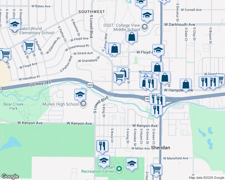 map of restaurants, bars, coffee shops, grocery stores, and more near W Hampden Ave & S Knox Ct in Denver