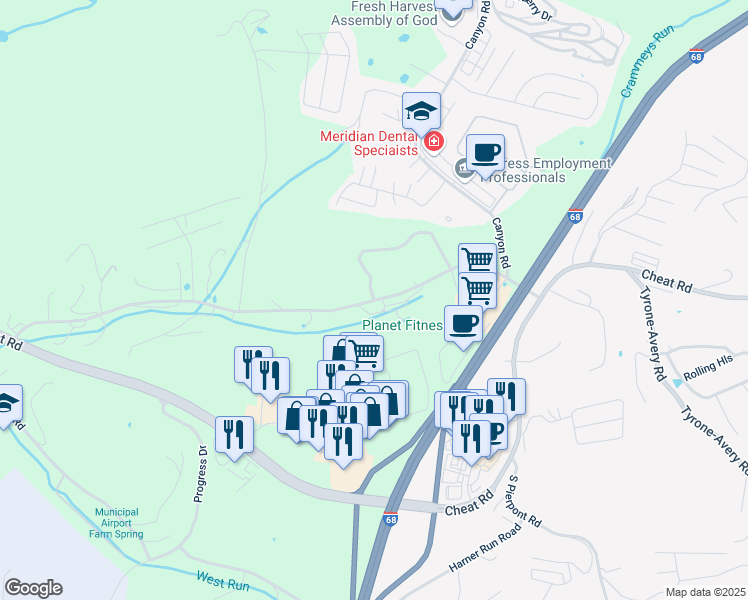 map of restaurants, bars, coffee shops, grocery stores, and more near 377 Old Cheat Road in Morgantown