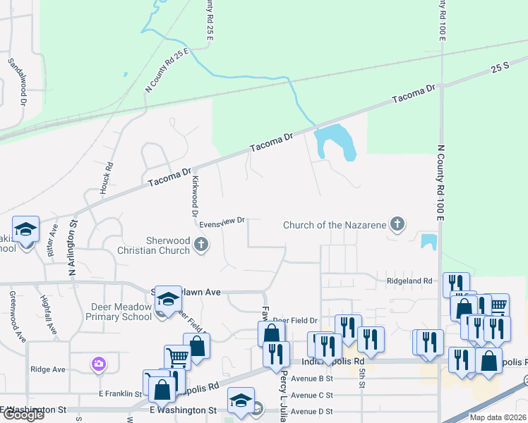 map of restaurants, bars, coffee shops, grocery stores, and more near 933 Evensview Drive in Greencastle