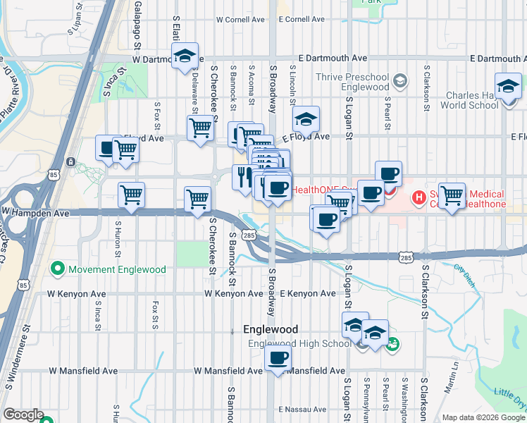 map of restaurants, bars, coffee shops, grocery stores, and more near 3449 South Broadway in Englewood