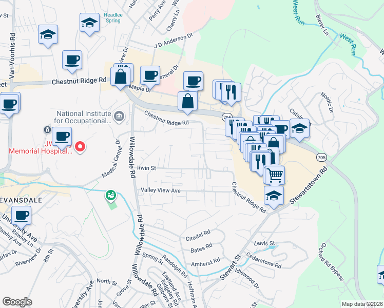 map of restaurants, bars, coffee shops, grocery stores, and more near 8017 Chestnut Hill in Morgantown