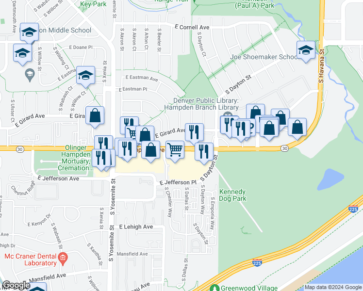 map of restaurants, bars, coffee shops, grocery stores, and more near 9450 East Girard Avenue in Denver