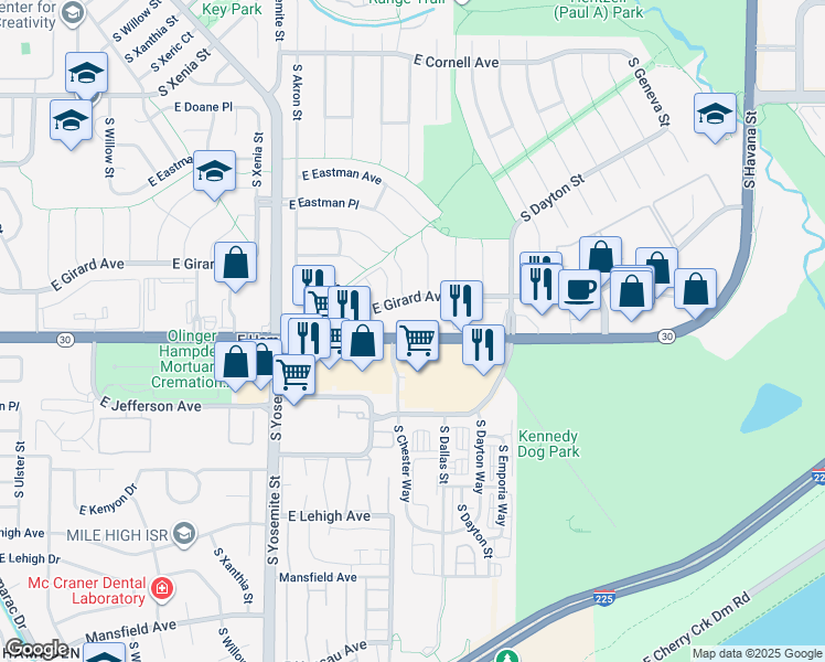 map of restaurants, bars, coffee shops, grocery stores, and more near 9200 East Girard Avenue in Denver