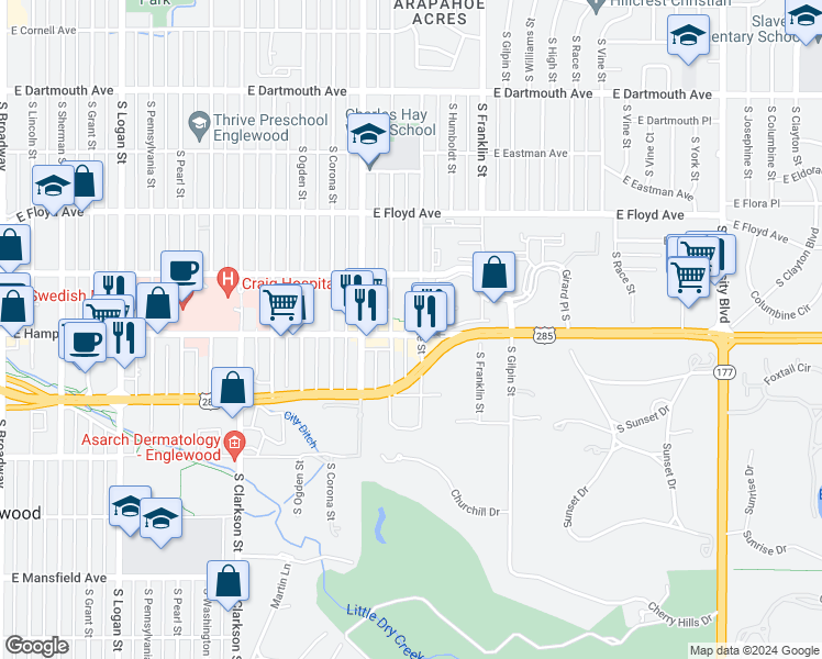 map of restaurants, bars, coffee shops, grocery stores, and more near 3451 South Lafayette Street in Englewood
