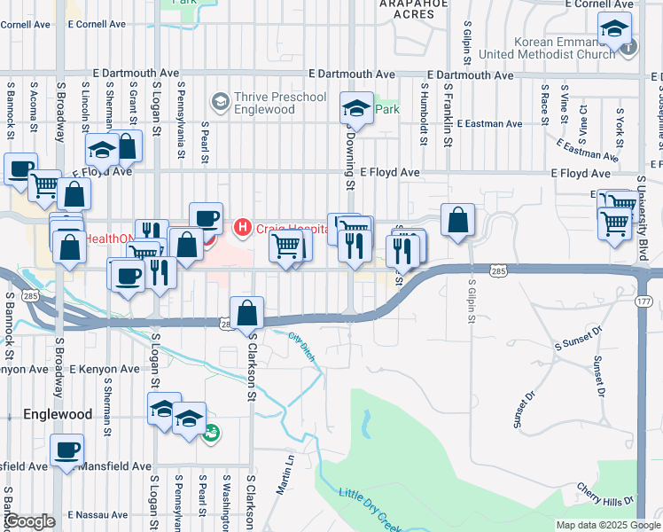 map of restaurants, bars, coffee shops, grocery stores, and more near 3450 South Corona Street in Englewood
