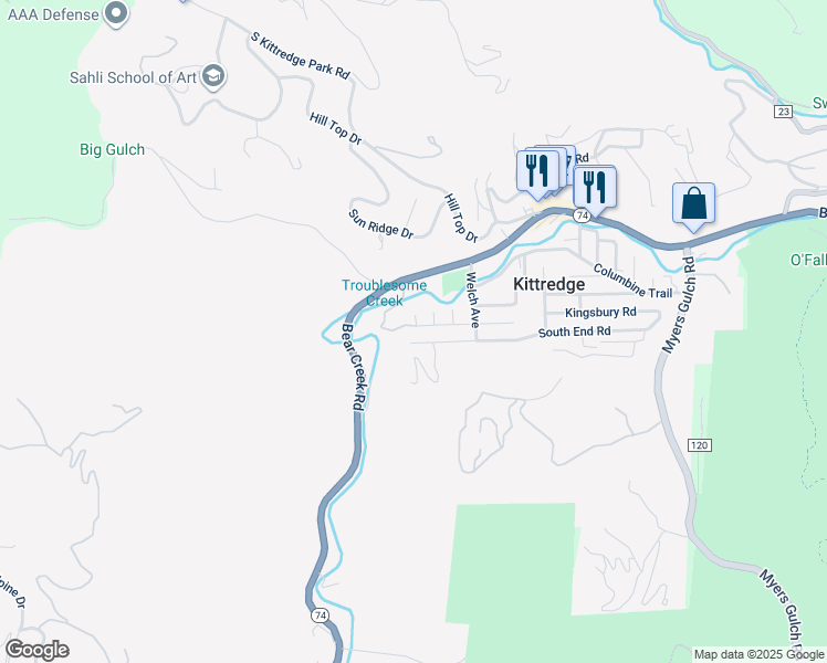 map of restaurants, bars, coffee shops, grocery stores, and more near 3456 Anna Lane in Evergreen
