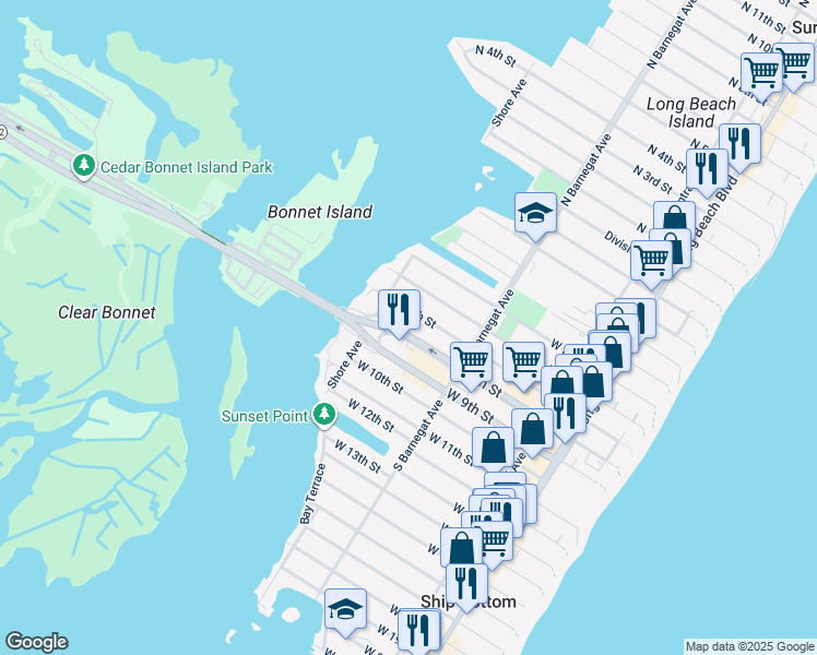 map of restaurants, bars, coffee shops, grocery stores, and more near 706 Shore Avenue in Ship Bottom
