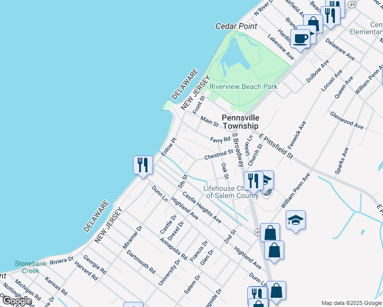 map of restaurants, bars, coffee shops, grocery stores, and more near 19 Park Avenue in Pennsville