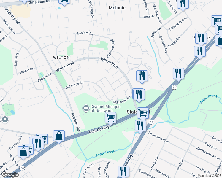 map of restaurants, bars, coffee shops, grocery stores, and more near 13 Revelle Street in New Castle