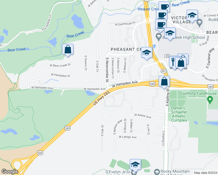 map of restaurants, bars, coffee shops, grocery stores, and more near 20476 West Hampden Avenue in Lakewood