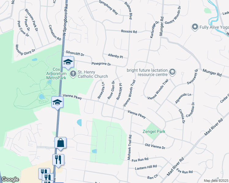 map of restaurants, bars, coffee shops, grocery stores, and more near 6832 Rose Glen Drive in Dayton