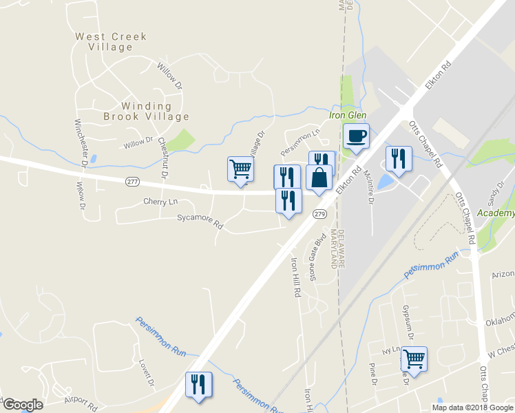 map of restaurants, bars, coffee shops, grocery stores, and more near 5 Apple Lane in Elkton