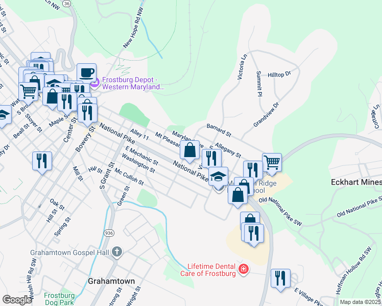 map of restaurants, bars, coffee shops, grocery stores, and more near 129 Mount Pleasant Street in Frostburg