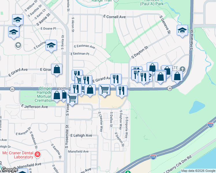 map of restaurants, bars, coffee shops, grocery stores, and more near 9450 East Girard Avenue in Denver