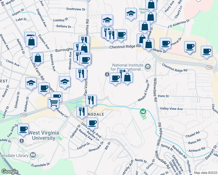 map of restaurants, bars, coffee shops, grocery stores, and more near 33 Medical Center Drive in Morgantown