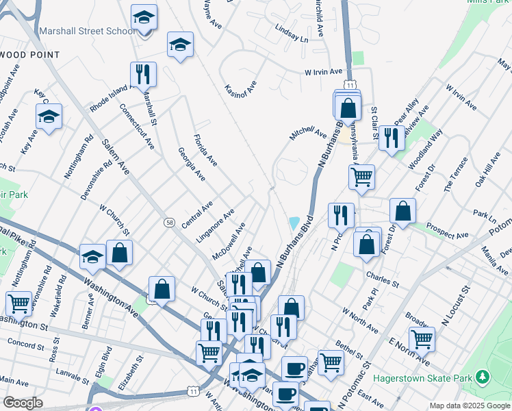map of restaurants, bars, coffee shops, grocery stores, and more near 486 McDowell Avenue in Hagerstown