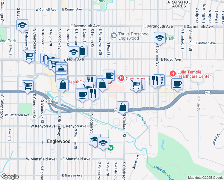map of restaurants, bars, coffee shops, grocery stores, and more near 501 East Hampden Avenue in Englewood